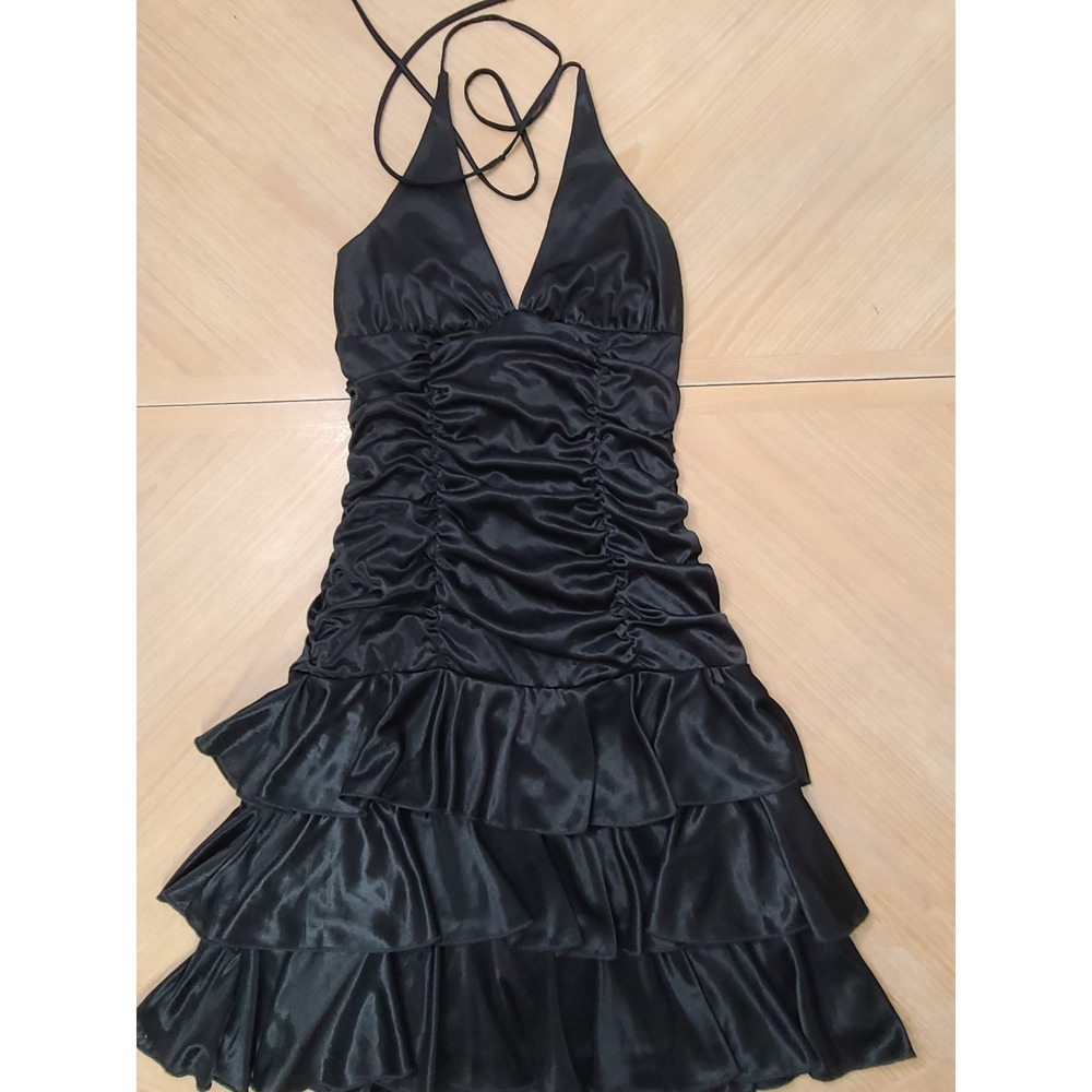 City Triangles Halter Dress Womens Small Black Good Ruched Ruffle Y2K Satin